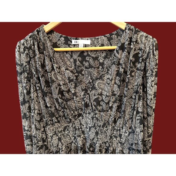 Y2K DR2 Black White Paisley Print Baby Doll Blouse Whimsygoth Smocked Waist Boho - Picture 2 of 7